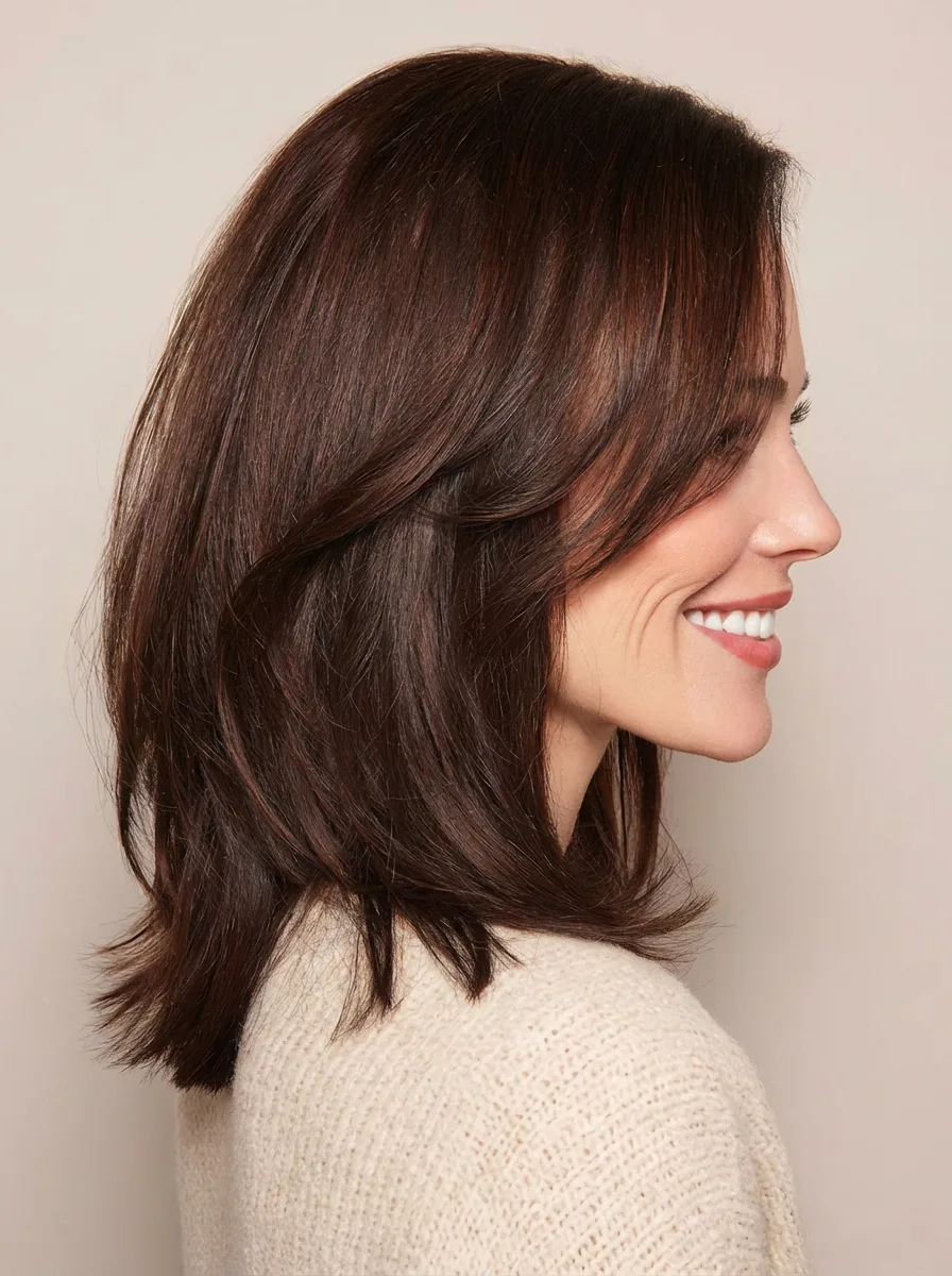 Shoulder-Length Layered Lob in Rich Chocolate Brown